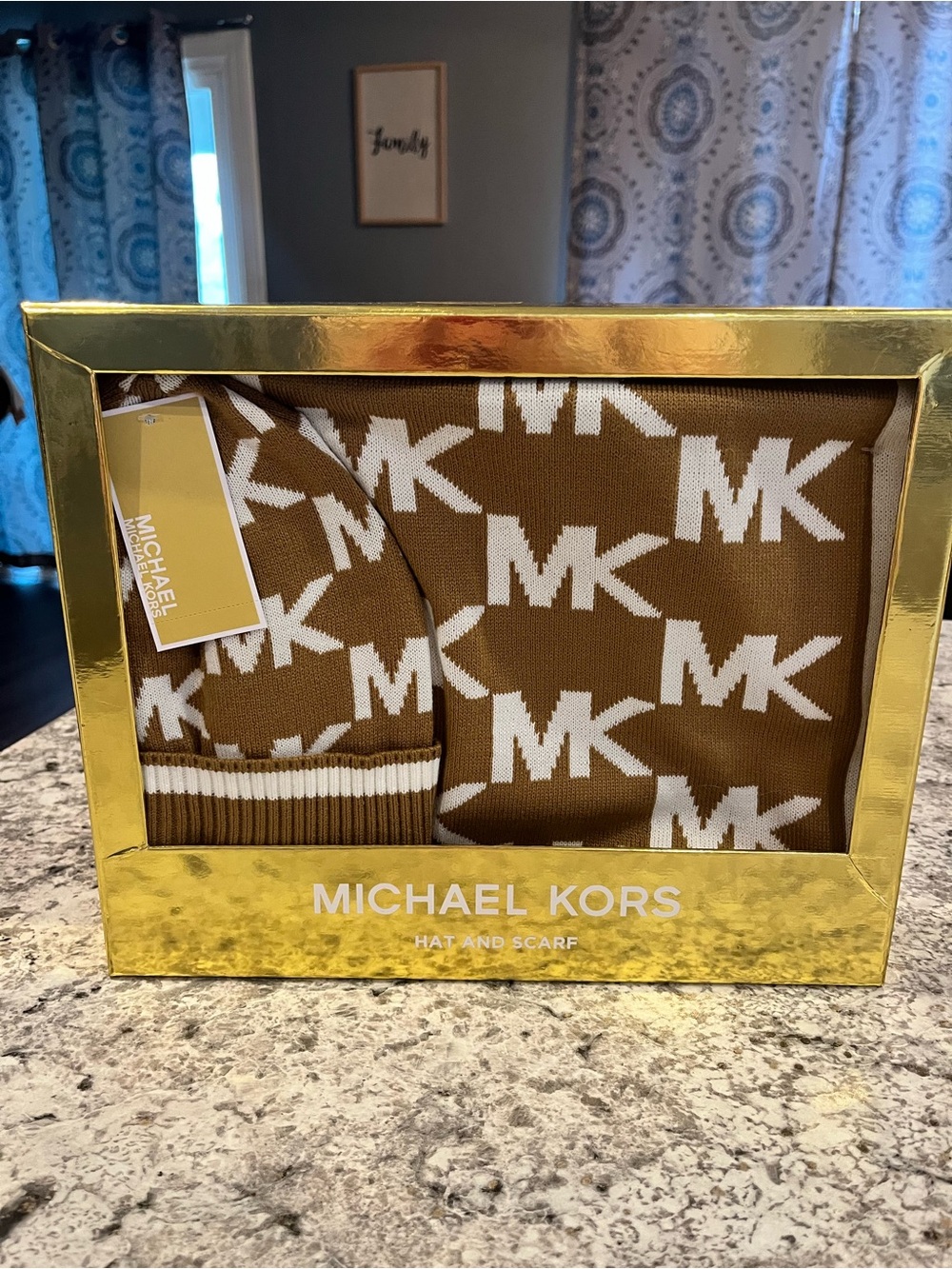 Michael Kors Brown & White MK Logo Beanie and Scarf Gift Set